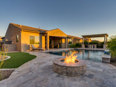 Tucson Pool Builder - geometric pool with fire pit and gazebo