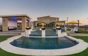 Tiered Custom Pool & Spa – Tucson Finished tiered custom pool and spa with water features in Tucson